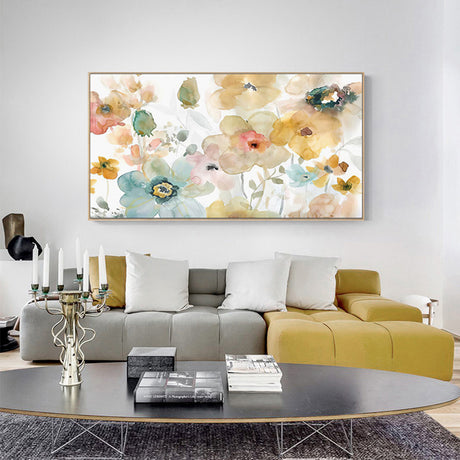 Close view of the floral watercolour canvas print showing soft washed blooms and foliage