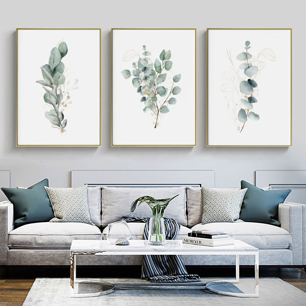 Eucalyptus Plant — Gold-Framed 3-Panel Canvas Set — Allure Home Collections