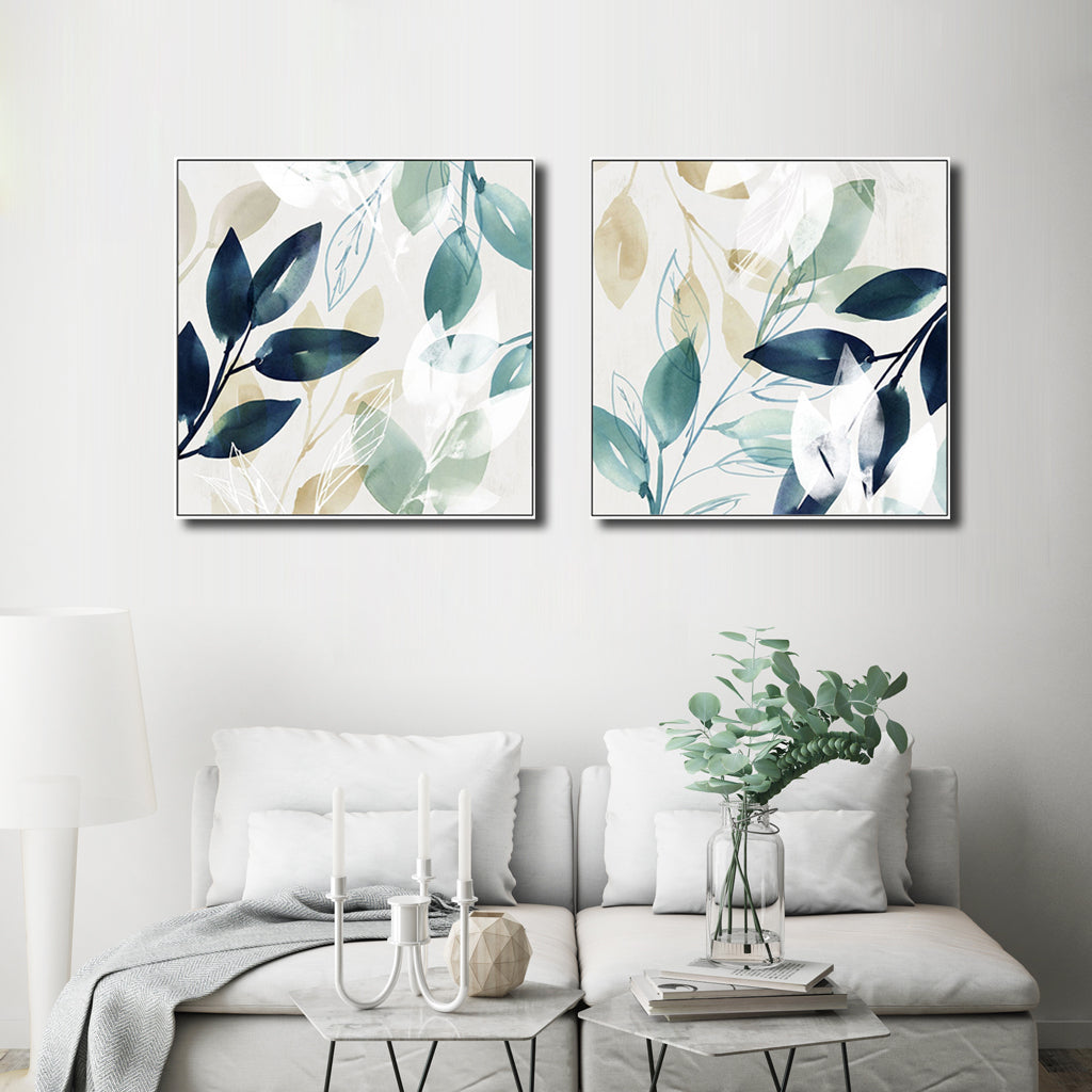 Watercolour Botanical Leaves — White-Framed 2-Panel Canvas Set — Allure Home Collections