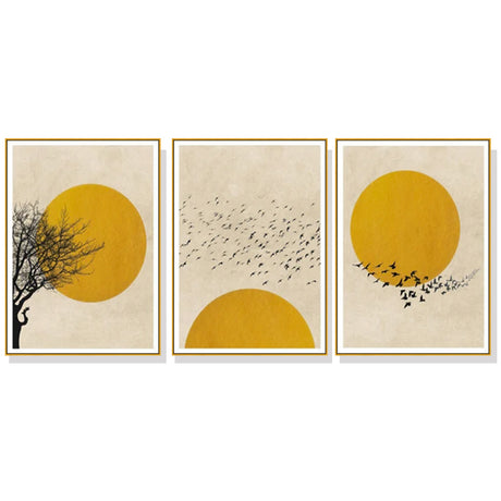 Flock of Birds Sun Silhouette — Gold-Framed 3-Panel Canvas Set — Allure Home Collections