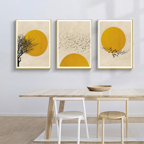 Flock of Birds Sun Silhouette — Gold-Framed 3-Panel Canvas Set — Allure Home Collections