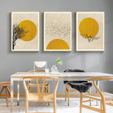 Flock of Birds Sun Silhouette — Gold-Framed 3-Panel Canvas Set — Allure Home Collections