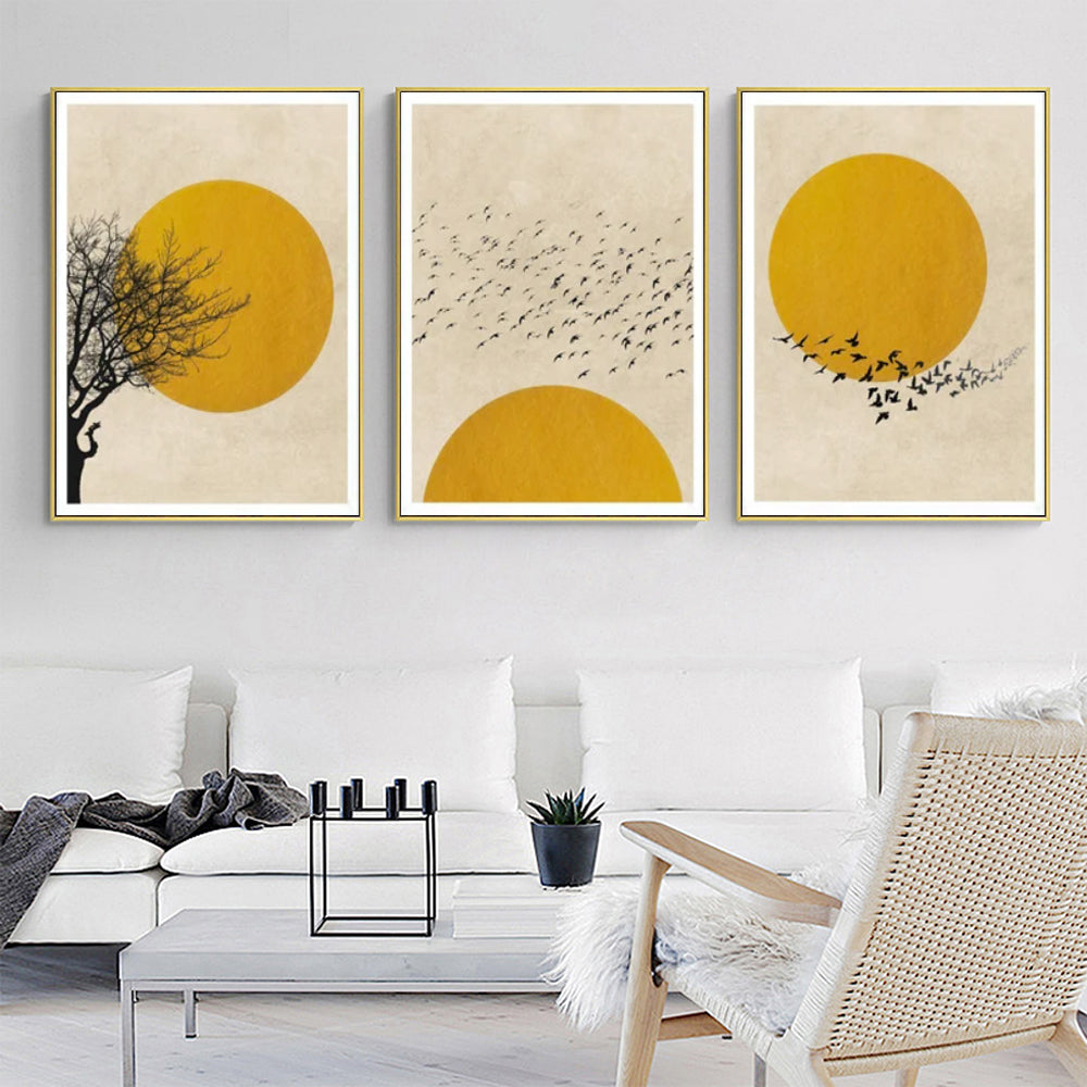 Flock of Birds Sun Silhouette — Gold-Framed 3-Panel Canvas Set — Allure Home Collections