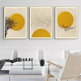Flock of Birds Sun Silhouette — Gold-Framed 3-Panel Canvas Set — Allure Home Collections