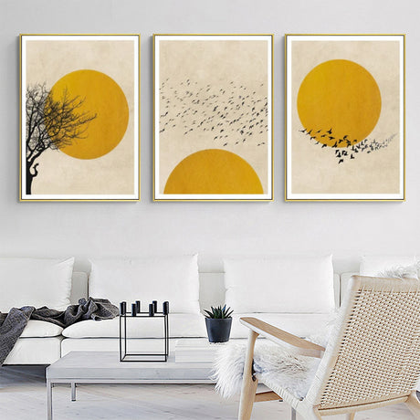 Flock of Birds Sun Silhouette — Gold-Framed 3-Panel Canvas Set — Allure Home Collections