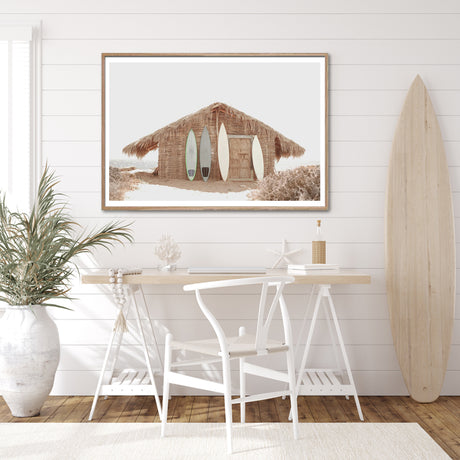 Wood framed surf cabin canvas print styled on a coastal interior wall