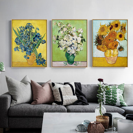 Van Gogh Sunflowers and Roses — Gold-Framed 3-Panel Canvas Set, Australian-Made — Allure Home Collections