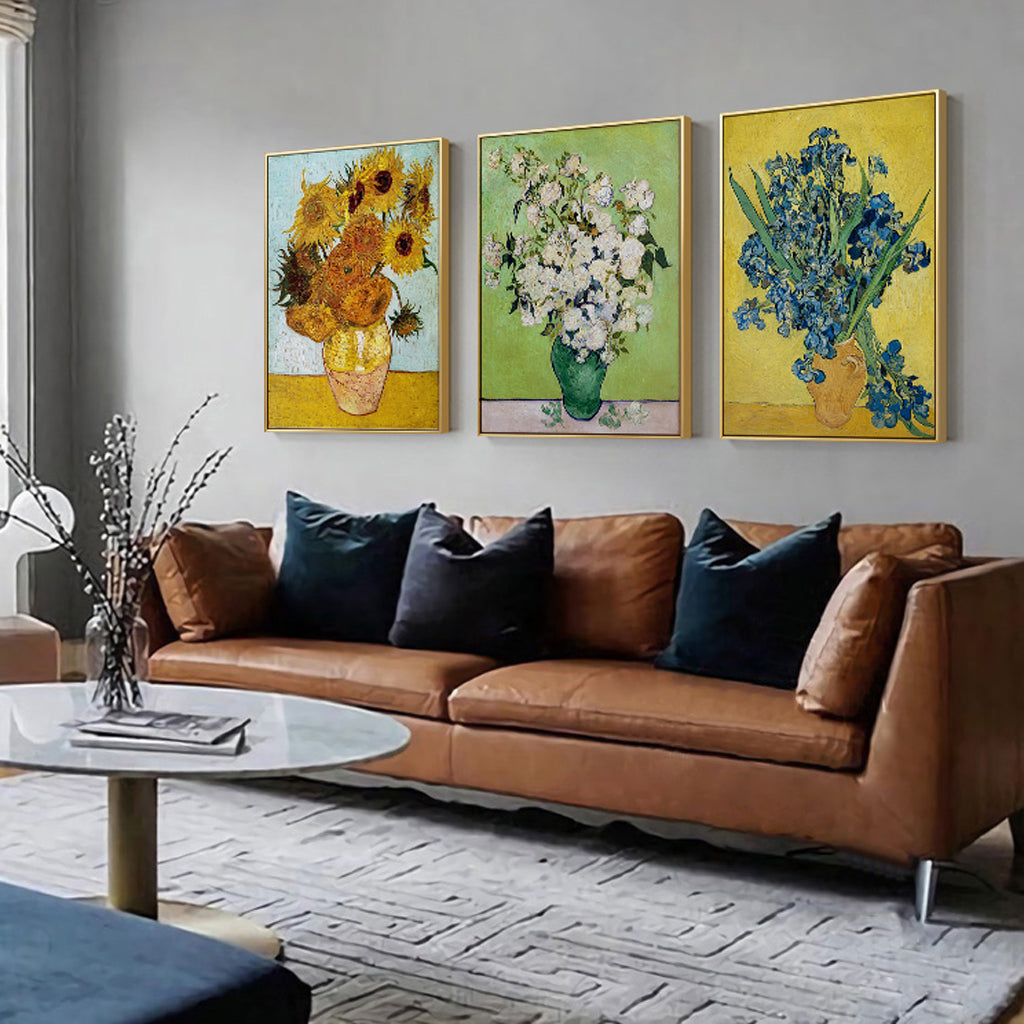 Van Gogh Sunflowers and Roses — Gold-Framed 3-Panel Canvas Set, Australian-Made — Allure Home Collections