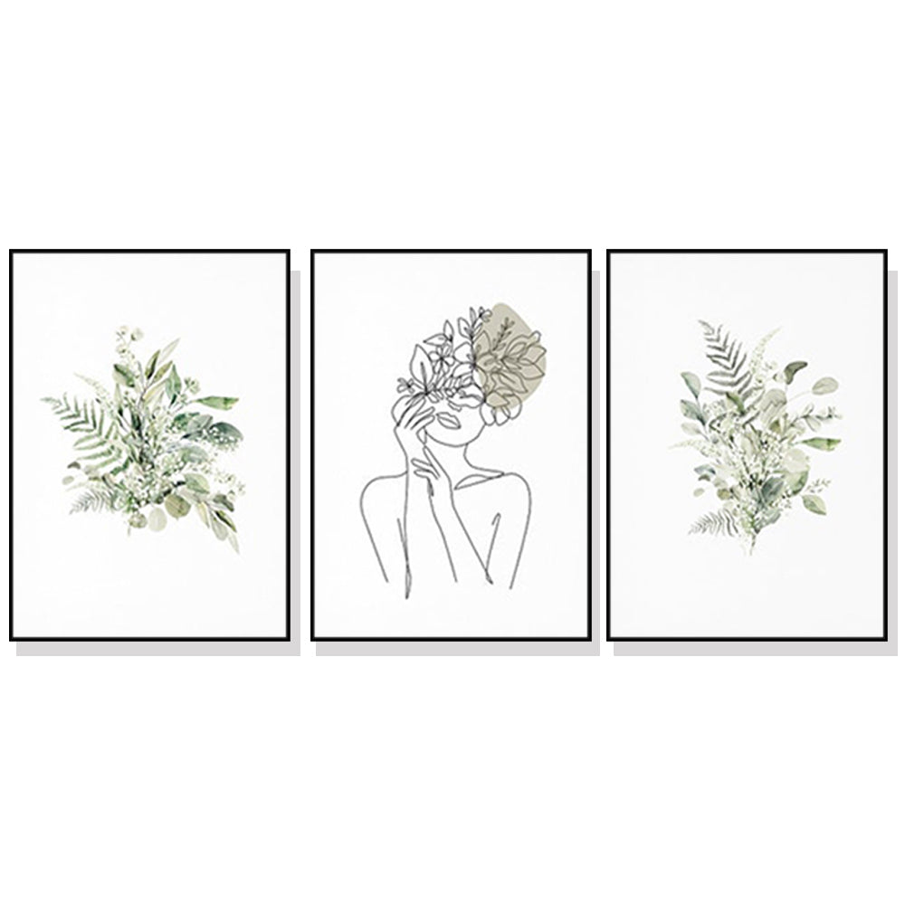 Botanical Line Girl — Framed 3-Panel Canvas Set — Allure Home Collections