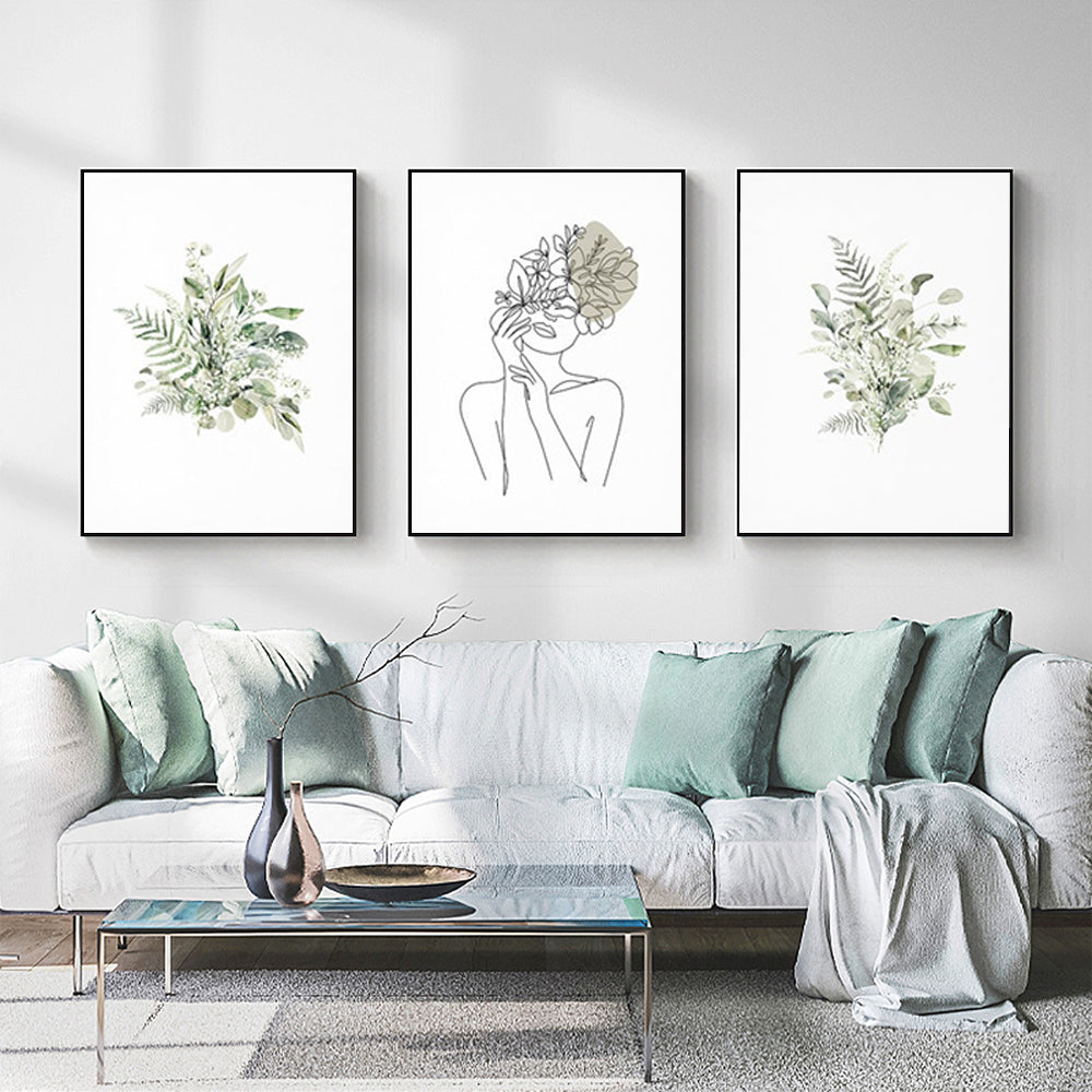 Botanical Line Girl — Framed 3-Panel Canvas Set — Allure Home Collections