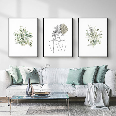 Botanical Line Girl — Framed 3-Panel Canvas Set — Allure Home Collections