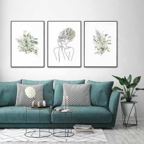 Botanical Line Girl — Framed 3-Panel Canvas Set — Allure Home Collections