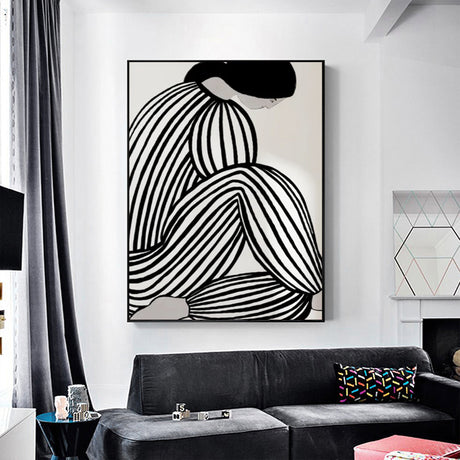 Close view of the mid century figure canvas print showing simplified shapes and outlines
