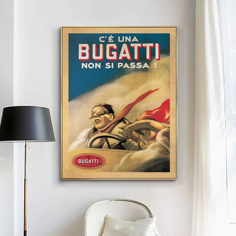 Gold framed Bugatti canvas print styled on a dark feature wall