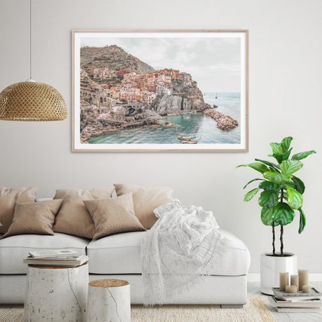 Detail of the pastel coastal houses printed on premium canvas