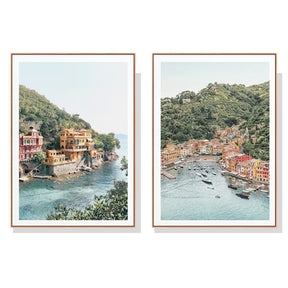 Bilbao coastal framed canvas wall art pair in a living room