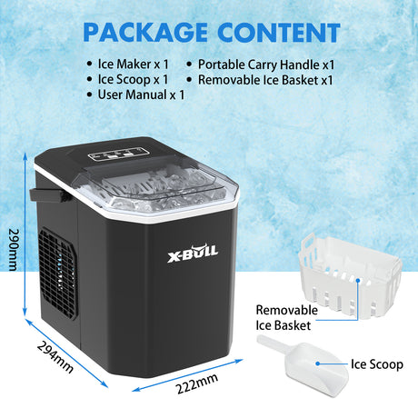 Package contents of the portable ice maker with handle, scoop and manual