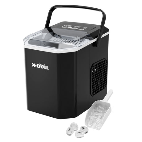 Black portable benchtop ice maker with transparent lid window