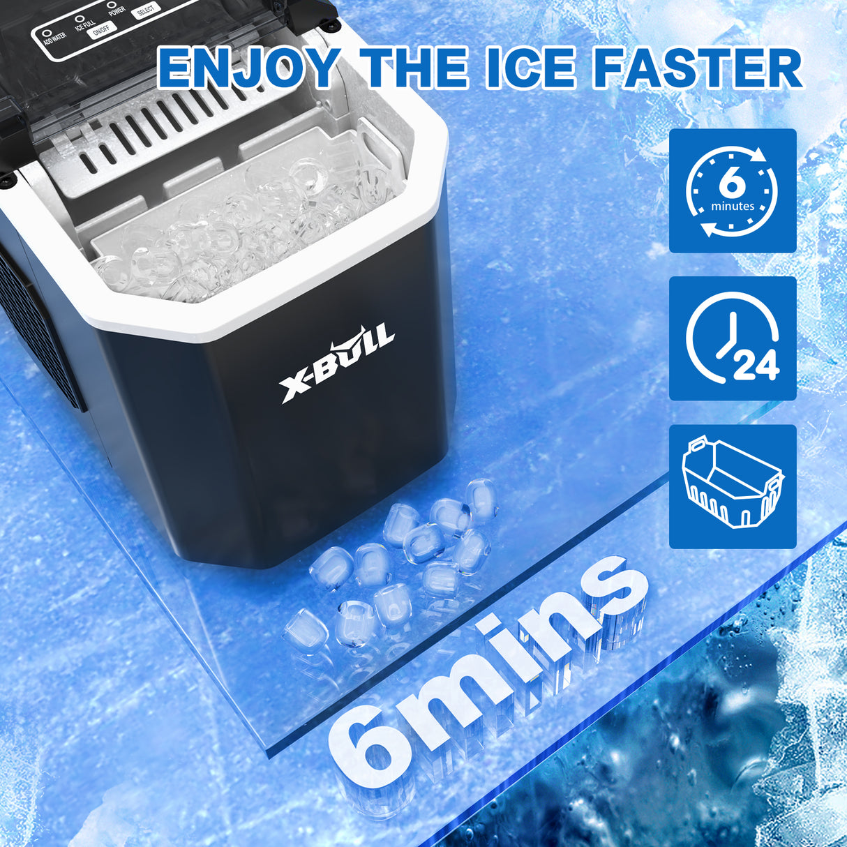 Lid open showing removable ice basket filled with bullet shaped ice