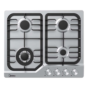 60 cm stainless steel gas cooktop with four burners and black cast iron pan supports