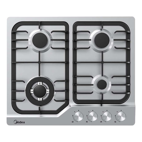 60 cm stainless steel gas cooktop with four burners and black cast iron pan supports