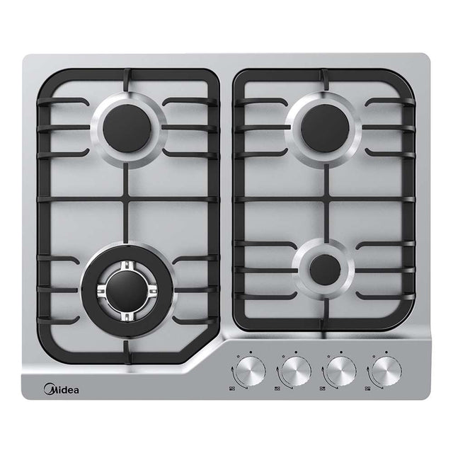 60 cm stainless steel gas cooktop with four burners and black cast iron pan supports