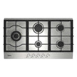 Stainless steel 90 cm gas cooktop with five burners, cast iron trivets and control knobs