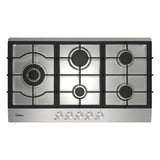 Stainless steel 90 cm gas cooktop with five burners, cast iron trivets and control knobs