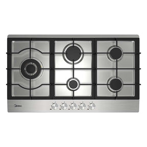 Stainless steel 90 cm gas cooktop with five burners, cast iron trivets and control knobs
