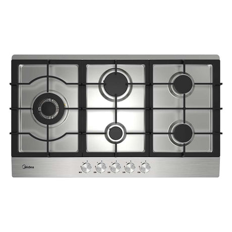 Stainless steel 90 cm gas cooktop with five burners, cast iron trivets and control knobs