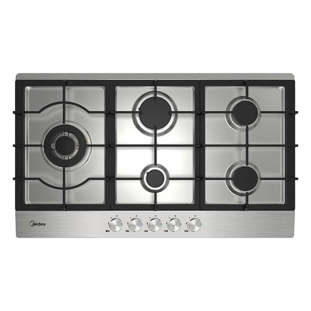 Stainless steel 90 cm gas cooktop with five burners, cast iron trivets and control knobs