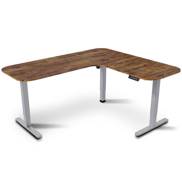 Geraldton walnut and silver electric standing corner desk in a modern home office