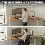 Geraldton Electric Standing Corner Desk, 160x140cm, Walnut/Silver