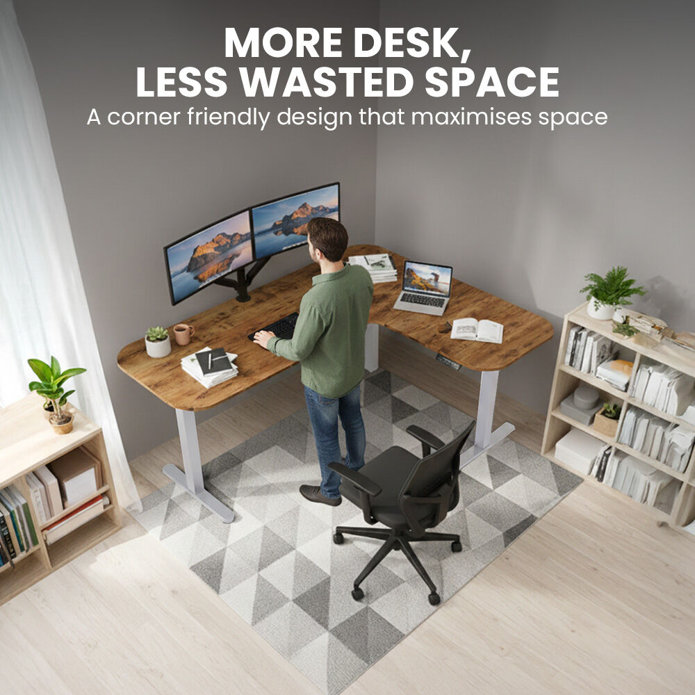 Geraldton Electric Standing Corner Desk, 160x140cm, Walnut/Silver