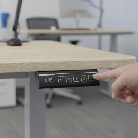 Chapman light oak standing desk in a home office