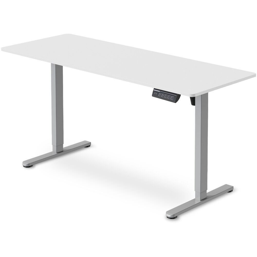 Turner white electric standing desk with silver frame in a home office
