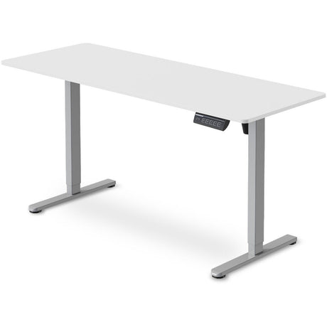 Turner white electric standing desk with silver frame in a home office