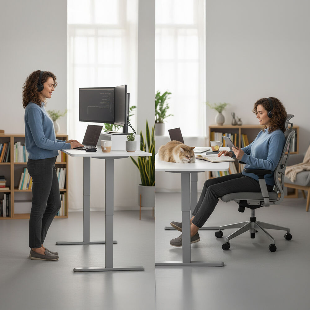 Turner white electric standing desk with silver frame in a home office