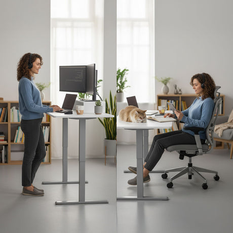 Turner white electric standing desk with silver frame in a home office