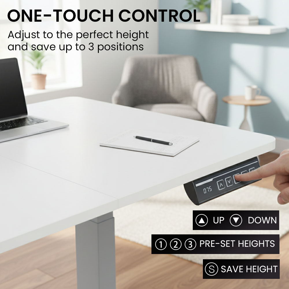 Turner white electric standing desk with silver frame in a home office