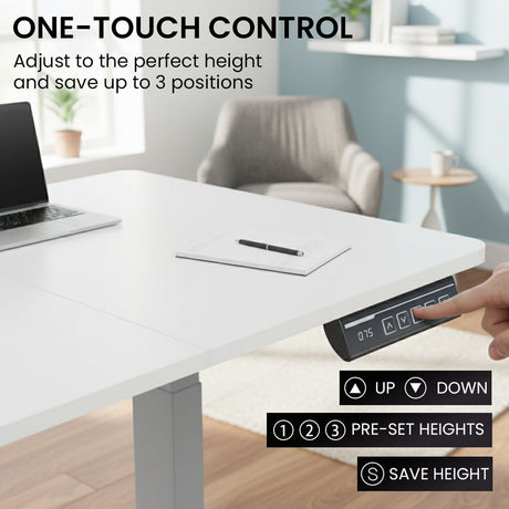 Turner white electric standing desk with silver frame in a home office