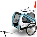 Blue pet and cargo bike trailer with clear windows and safety flag