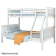 Earlwood single over double bunk bed in white solid pine with a toy shelf in a child's bedroom