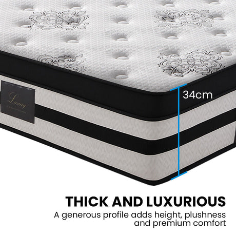 KINGSTON SLUMBER Luxury 34cm Mattress, Medium Firm, Euro Top, 5-Zone Pocket Spring Foam