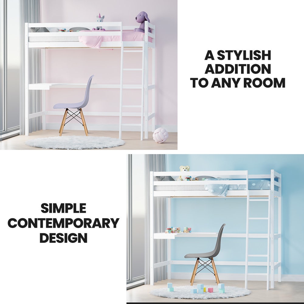 Kingston Slumber white loft bed desk close-up showing study workspace — Allure Home Collections