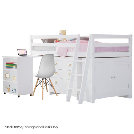 Kingston Slumber kids single loft bed with pull-out desk, drawers and cabinet in white — Allure Home Collections