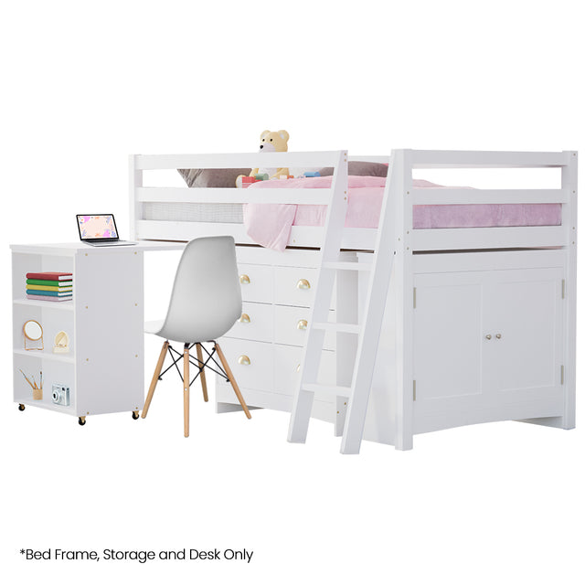 Kingston Slumber kids single loft bed with pull-out desk, drawers and cabinet in white — Allure Home Collections