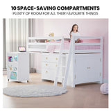 Kingston Slumber white loft bed side profile showing full height — Allure Home Collections