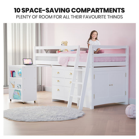 Kingston Slumber white loft bed side profile showing full height — Allure Home Collections