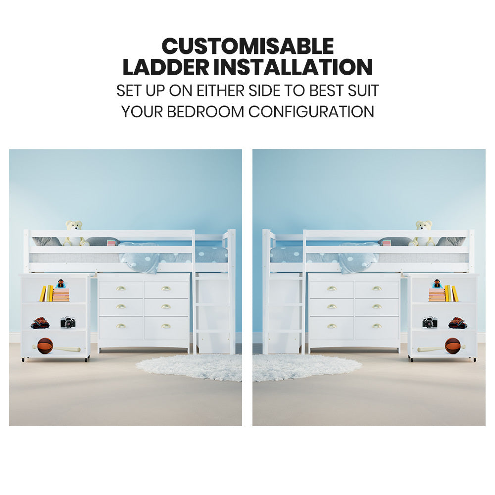 Kingston Slumber white kids loft bed from foot end — Allure Home Collections